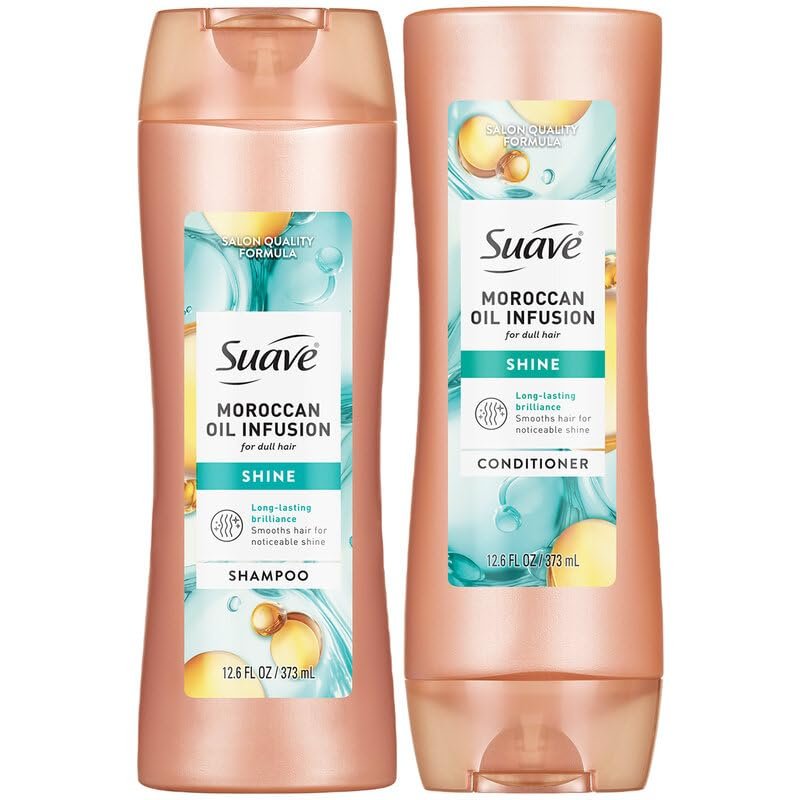 Suave Moroccan Oil Infusion Shine Shampoo and Conditioner for Dull Hair – Salon-Proven System for Brilliant, Shiny Hair, Frizz Control, 12.6 Oz Ea