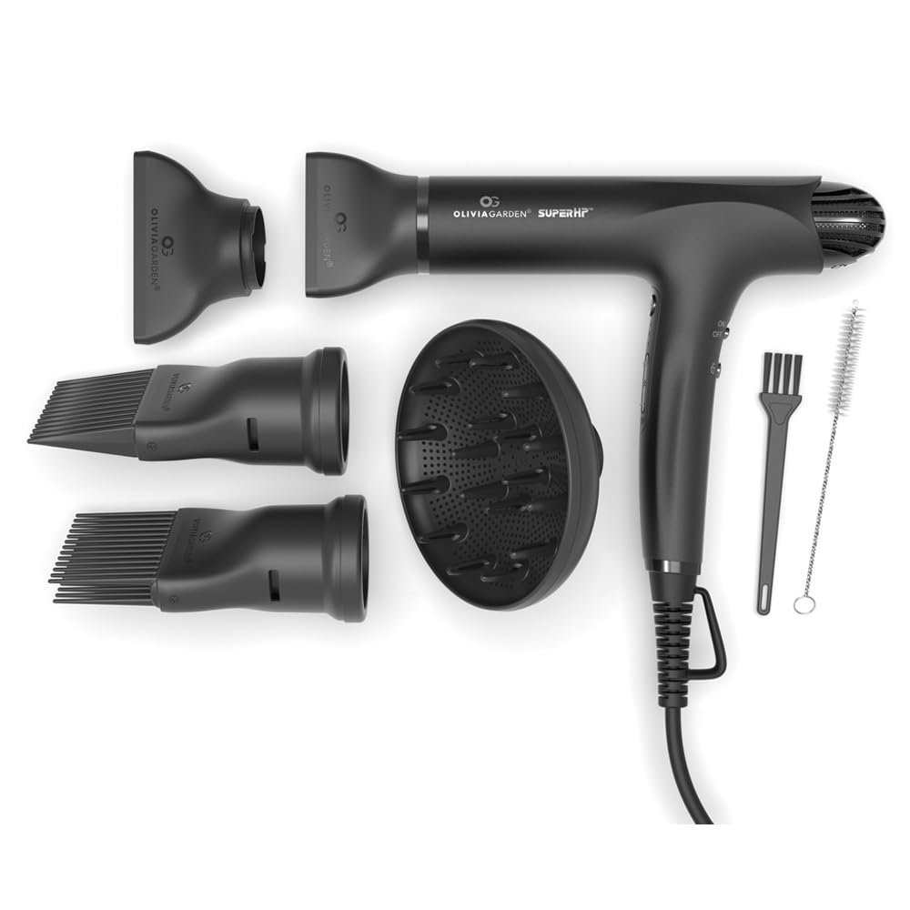 Olivia Garden 1875W SuperHP Professional Hair Dryer for All Hair Types – Quiet, Fast Drying Blow Dryer – Powerful Ionic Generator – 5 Attachments, Including 2 Comb and 1 Diffuser Attachments