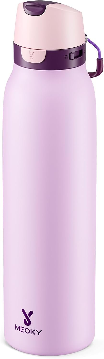 Meoky 24 oz Stainless Steel Slim Water Bottle: 2-in-1 Locking Lid, Lavender | Leak Proof, Straw and Spout, 24 Hours Cold, Top Handle, BPA Free, Insulated Water Bottle for Women Sports Travel Gym