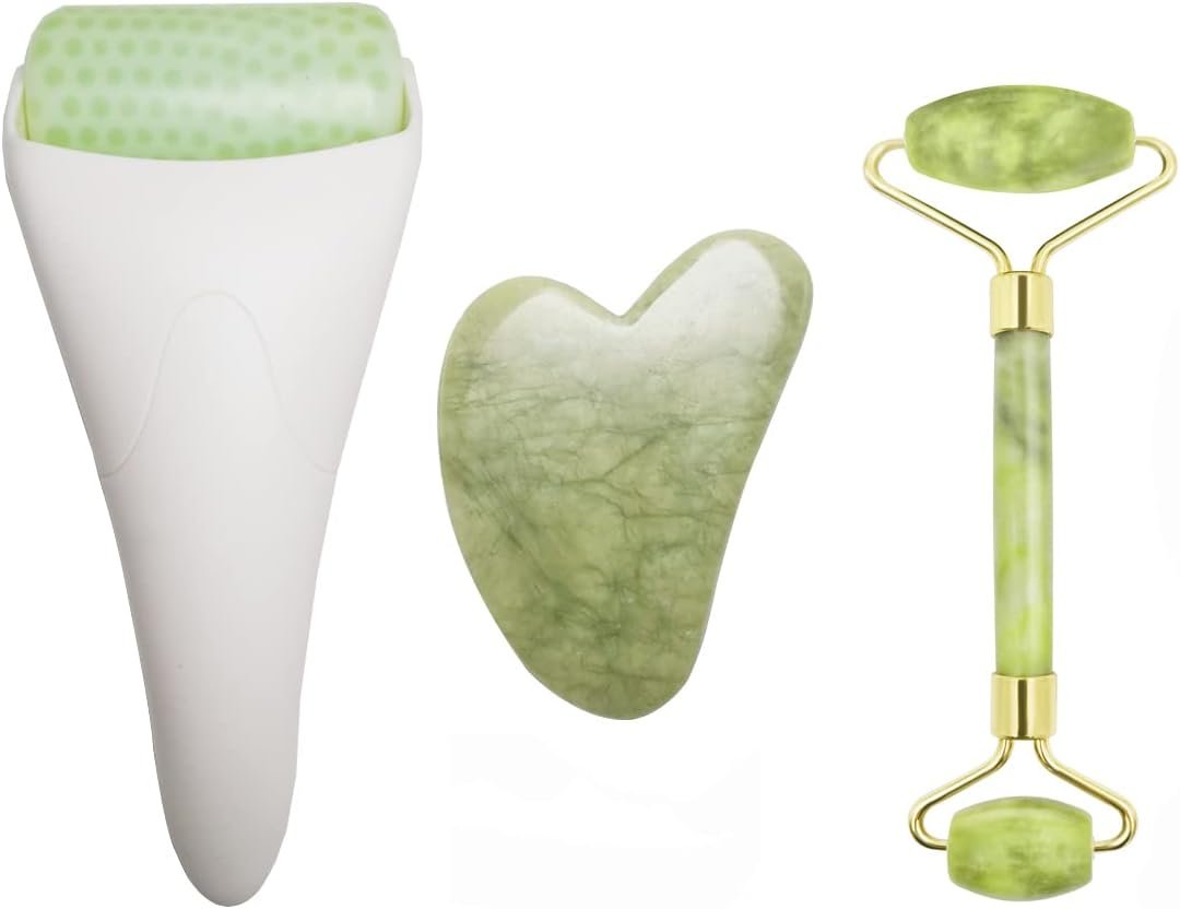 3 in 1 Ficial Face Ice Jade Roller and Gua Sha Tool, Natural Real Jade Anti-Wrinkle Face Eye Neck Massager Tool, Reduce Wrinkles, Puffiness, Migraine, Redness, Pain and Injury