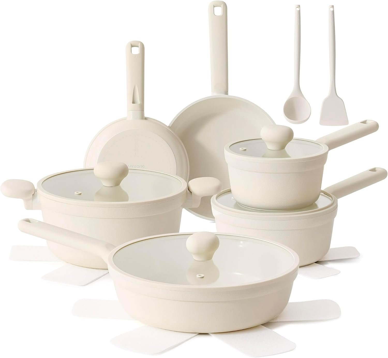 SENSARTE Ceramic Nonstick Pots and Pans Set 17pcs Cream White | Healthy nontoxic ceramic coating, compatible with all stoves including induction cooktops, PFAS PTFE PFOA PFOS Free