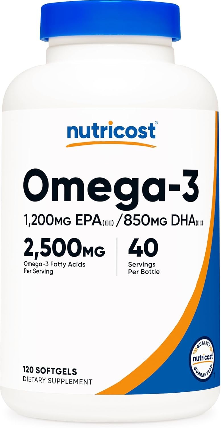 Nutricost Omega 3 Fish Oil (2500MG) 120 Softgels, 40 Servings | Fish Oil, Wild Caught! 1200mg EPA 850mg DHA, GMO-Free, Gluten Free