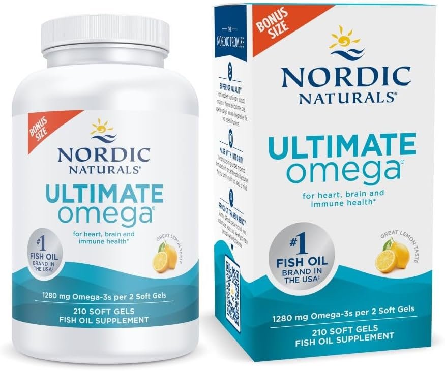 Nordic Naturals Ultimate Omega, 1280mg Omega-3 Fish Oil, Lemon – 210 Count | High-potency Omega-3 Fish Oil with EPA & DHA supports brain & heart health. Non-GMO, burpless formula. 105 servings.