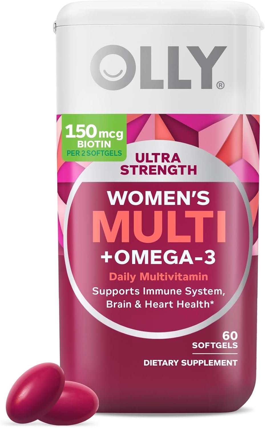 OLLY Ultra Strength Women’s Multi Softgels, Overall Health and Immune Support, Omega-3s, Iron, Vitamins A, D, C, E, B12, Daily Multivitamin, 30 Day Supply – 60 Count