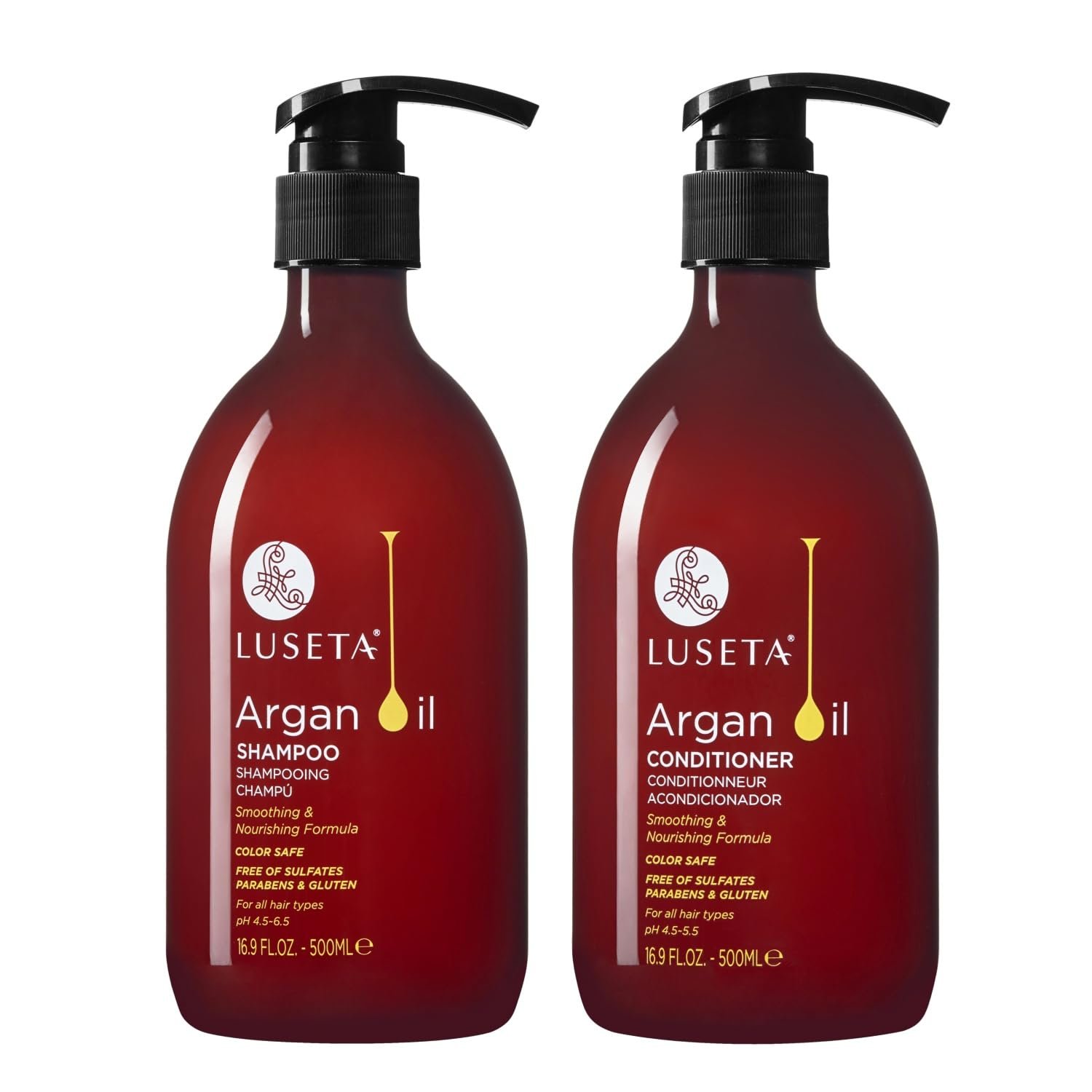 LUSETA Argan Oil Shampoo and Conditioner Set for Dry Damaged Hair – Smoothing & Thickening Treatment for Fine Thin Hair, Anti-Frizz Nourishing Formula for All Hair Types, Sulfate-Free 2 x 16.9 Fl Oz