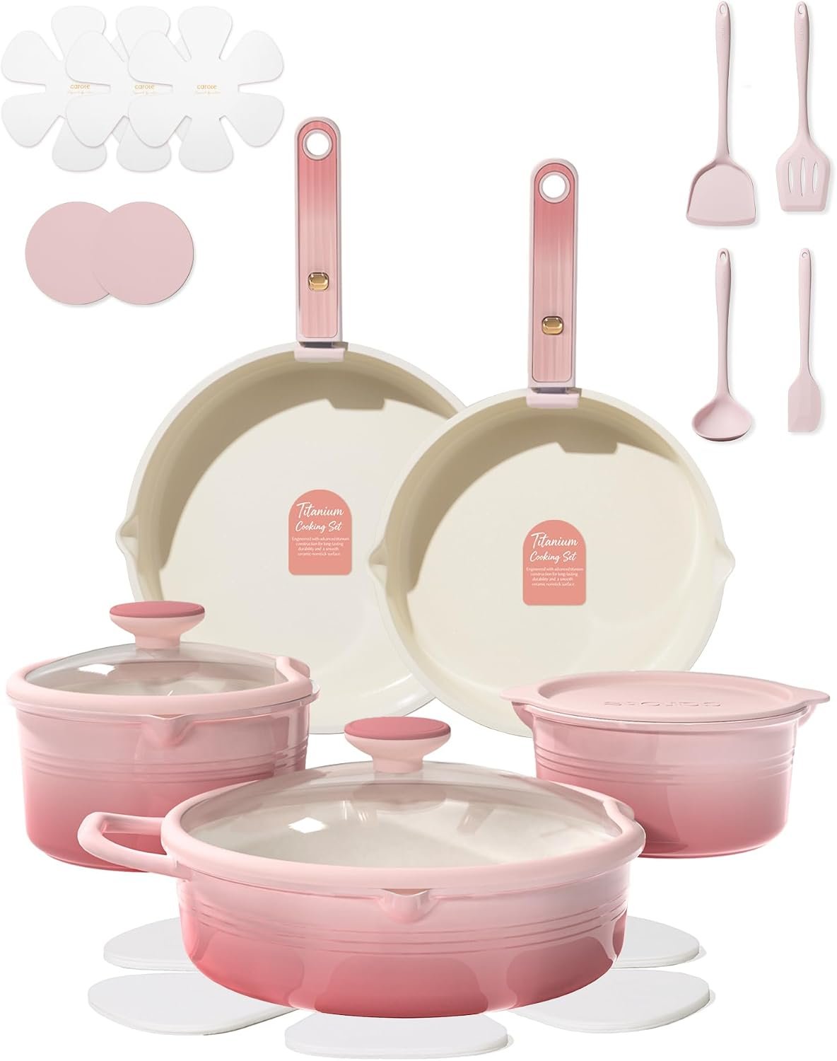 CAROTE 20pcs Titanium Cookware Set, Pots and Pans Set Detachable Handle | Non-Stick, Non-Toxic, PFAS and PFOA Free, Induction Compatible, Dishwasher & Oven Safe, Space Saving, Camping Cooking, Pink