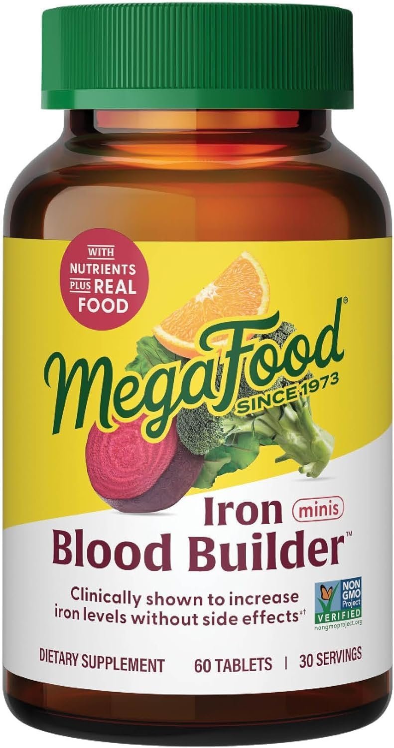 MegaFood Blood Builder Iron Supplement, Energy Support, 60 Mini Tablets | Increase Iron Levels Without Side Effects, Improves Energy Levels, B12, Folic Acid and Vitamin C for Absorption, 30 Servings
