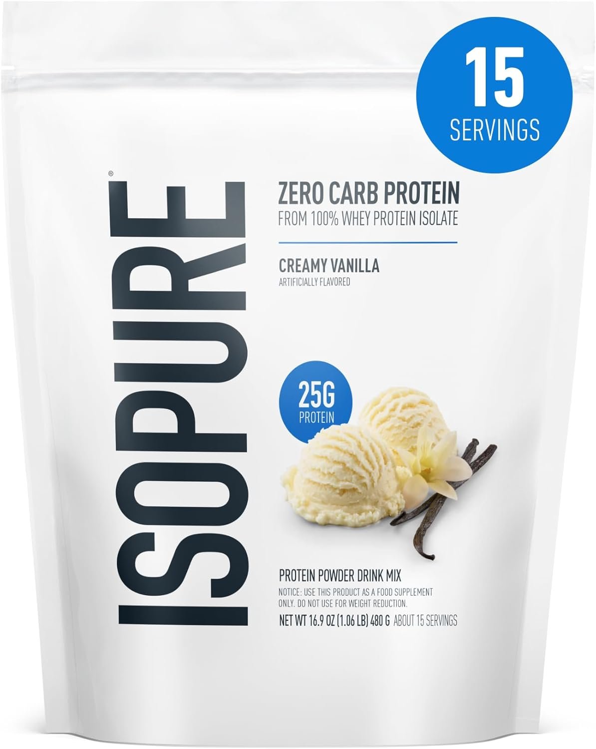 Isopure Zero Carb 100% Pure Whey Isolate Protein Powder, Lactose Free, Gluten Free, with Vitamins, Creamy Vanilla, 25g Protein Per Serving, 1 Lb, 15 Servings (Packaging May Vary) | 25g Protein Per Serving, 100% Whey Protein Isolate, Gluten Free, with Added Vitamins for Immune Support & Muscle Recovery