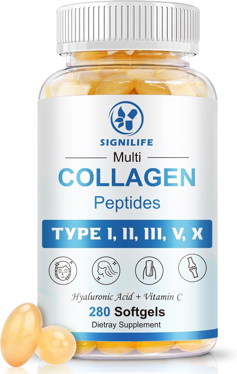 Multi Collagen Peptides for Women & Men-Type I, II, III, V, X | Hydrolyzed Collagen Peptides- with Hyaluronic Acid,Vitamin C,Biotin,Supports Skin Hair Nail, Non-GMO,280 Softgels