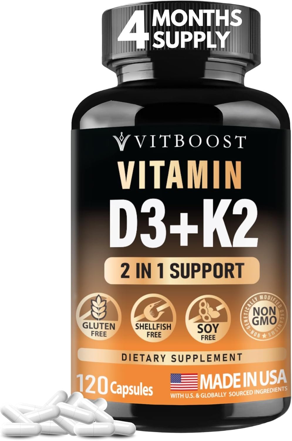 VITBOOST Vitamin D3 K2 Complex – 5000 IU (125 mcg) D3 & K2 (MK-7) 90 mcg | Easy to Swallow Vitamin D | Non-GMO | Gluten-Free | USA Made, 3rd Party Tested, 120 Capsules