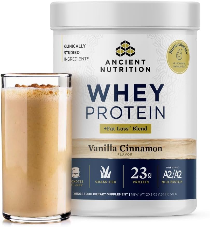 Ancient Nutrition Grass Fed Whey Protein + Fat Loss Blend, Vanilla Cinnamon | Clinically Studied Fat Loss Blend, Boost Metabolism, Burns Calories, Organic Regenerative A2/A2 Milk Protein, 18 Servings
