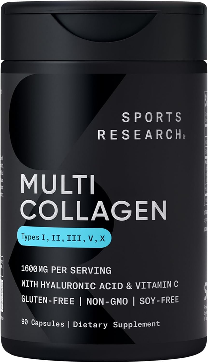 Sports Research® Multi Collagen Peptides w/Hyaluronic Acid, 90 Count | 1600mg of Collagen w/Vitamin C for Hair, Skin & Joint Support – 5 Types of Collagen – 30 Servings