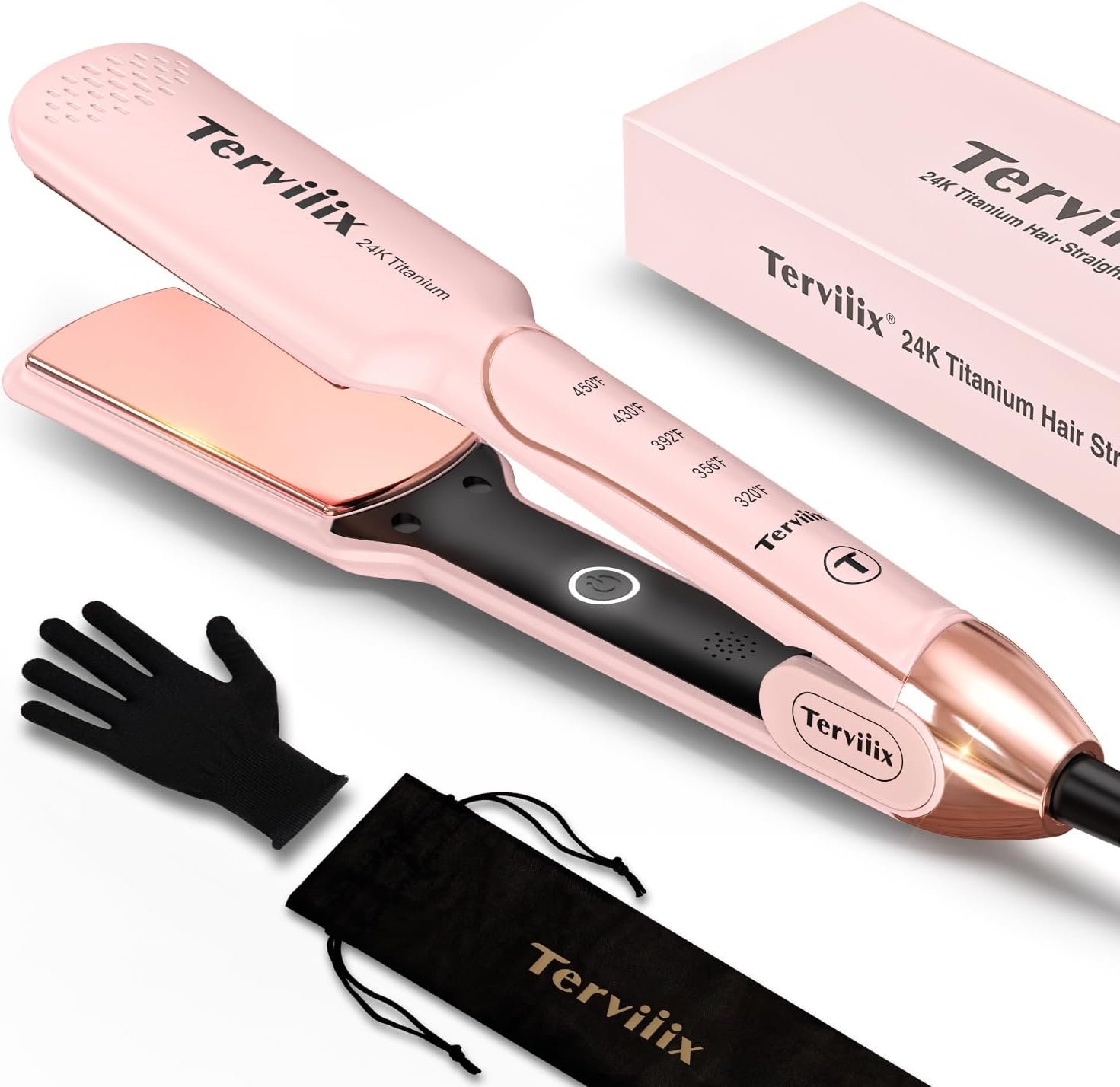 Terviiix Titanium Flat Iron Hair Straightener – ARC Non-Snagging for Smooth, One-Swipe Results, Salon-Grade Wide 1-3/4 Inch Straightening Iron Saves Time on Thick, Curly, Black & Natural Hair, Pink