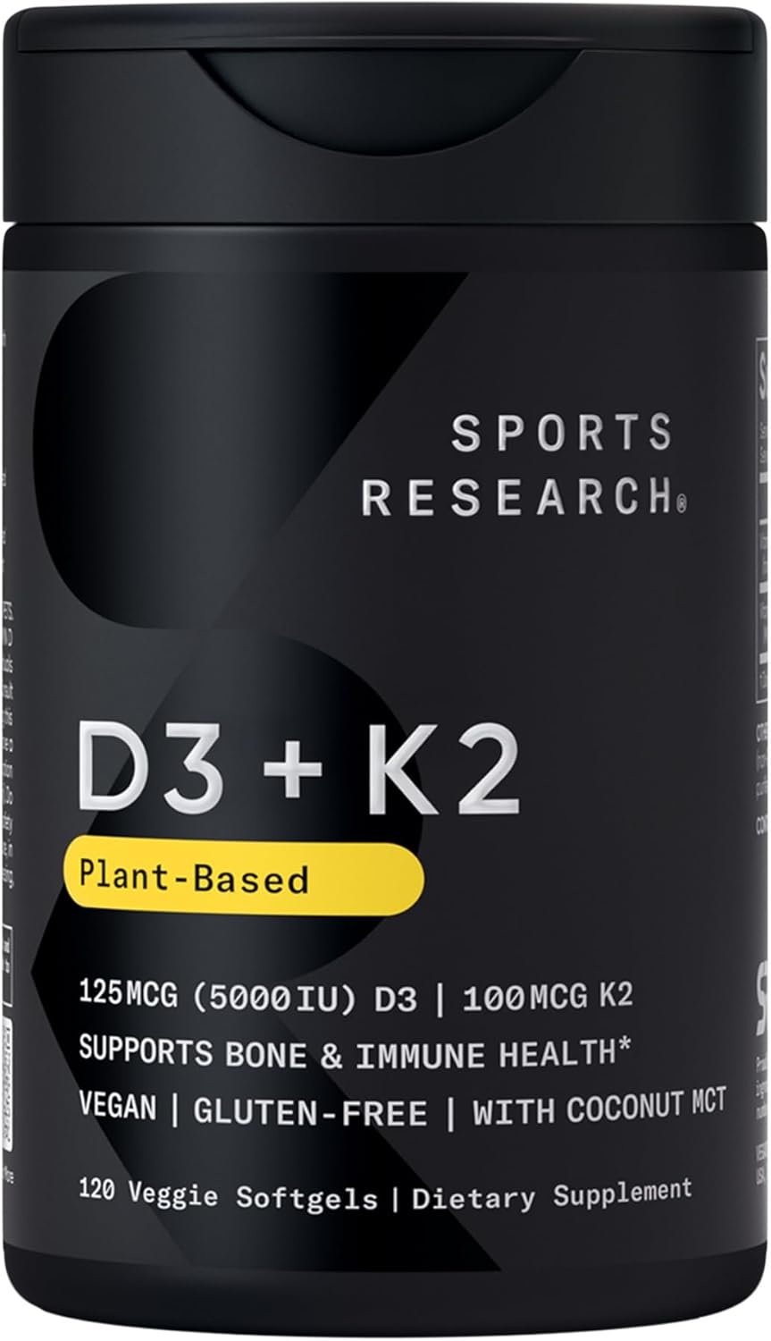 Sports Research® Vegan Vitamin D3 + K2 w/Coconut Oil, 120 Count Plantgels™ | Plant-Based Vitamin D 5000iu/125mcg & Soy-Free Vitamin K 100mcg for Bone & Immune Support – Vegan Certified · Non-GMO