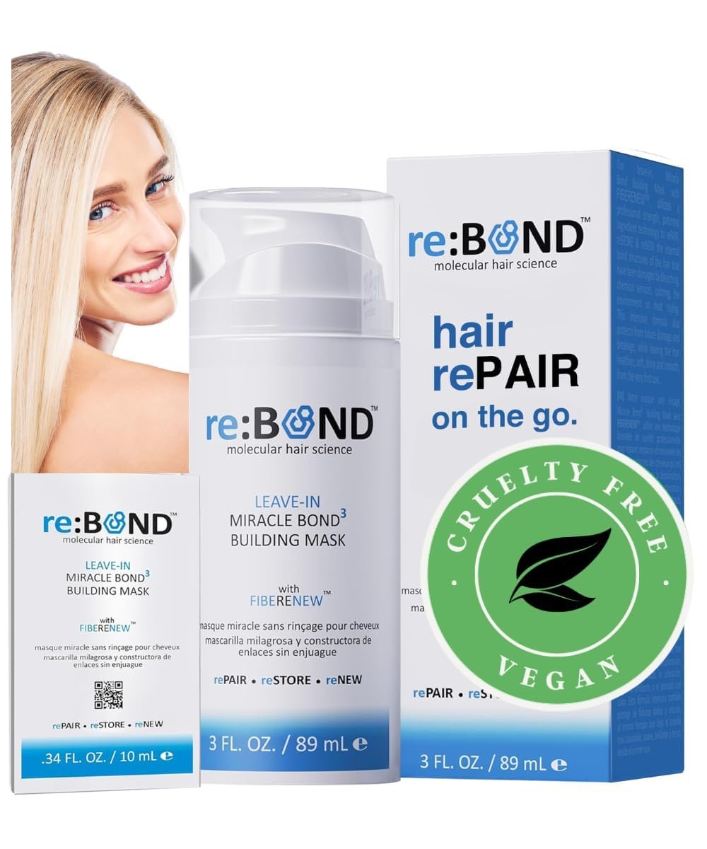 reBOND Leave-in Miracle Bond Building Hair Mask- 4 minute Repair Treatment Deep Conditioning for Bleached, Damaged, Dry, Colored or Frizzy Hair – Set includes: 3oz + .34oz