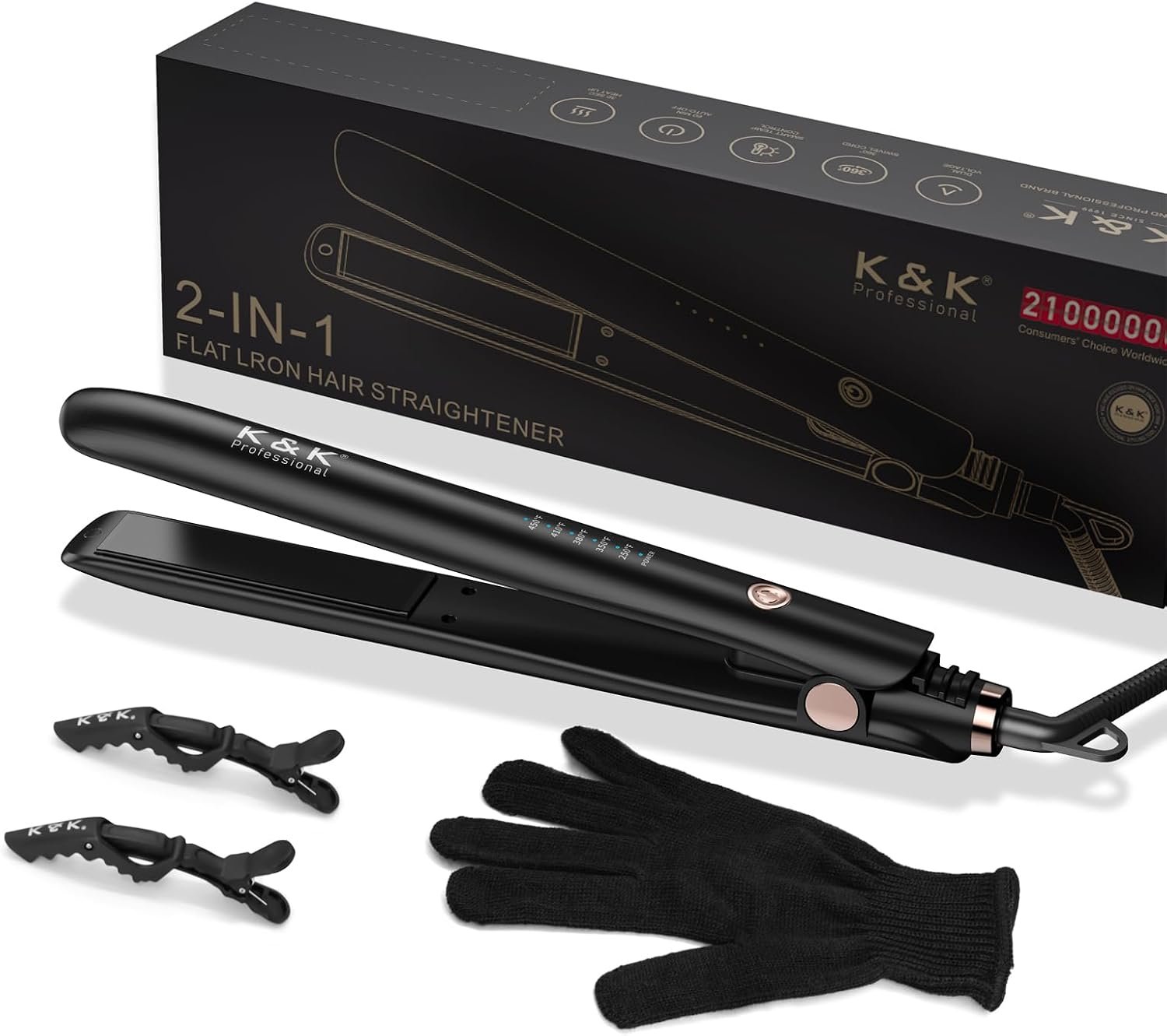 K&K 1 inch Flat Iron 2 in 1 Curler Tourmaline Titanium Hair Straightener 1 inch Plate 4D 360°Swivel LED Display for Woman Short Hair Adjustable Temperature Dual Voltage 110v-220v Auto Shut Off