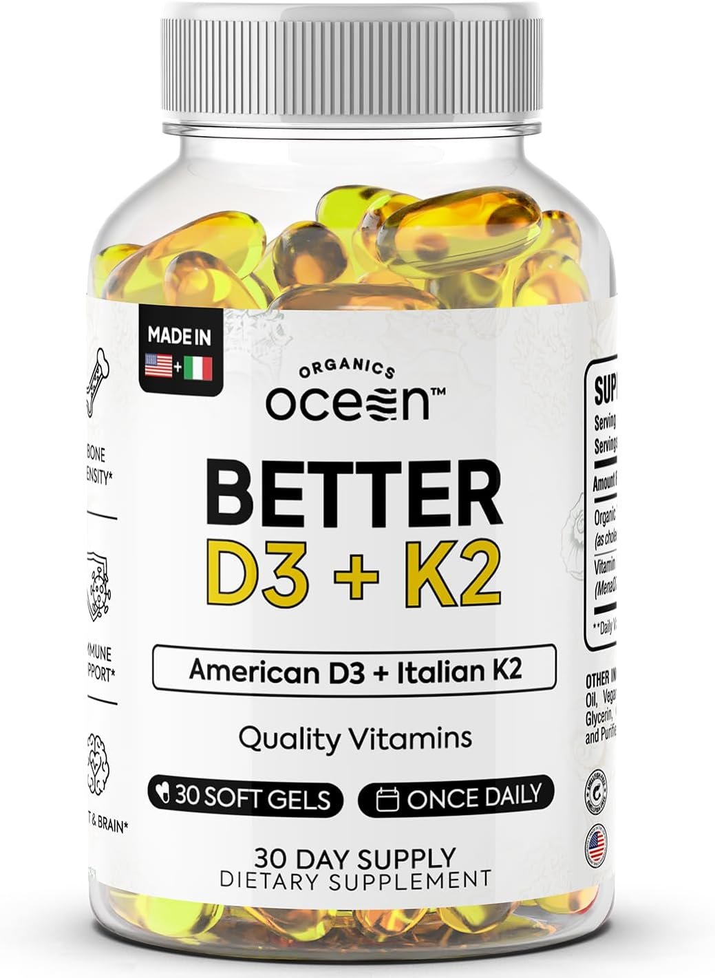 Organics Ocean Better D3 + K2-100% Organic VIT D3 and K2 Supplements with Maximum Bioavailability – Supports Bone Density, Calcium Balance, Immunity & Mood – 1-Pack, 30-Day Supply