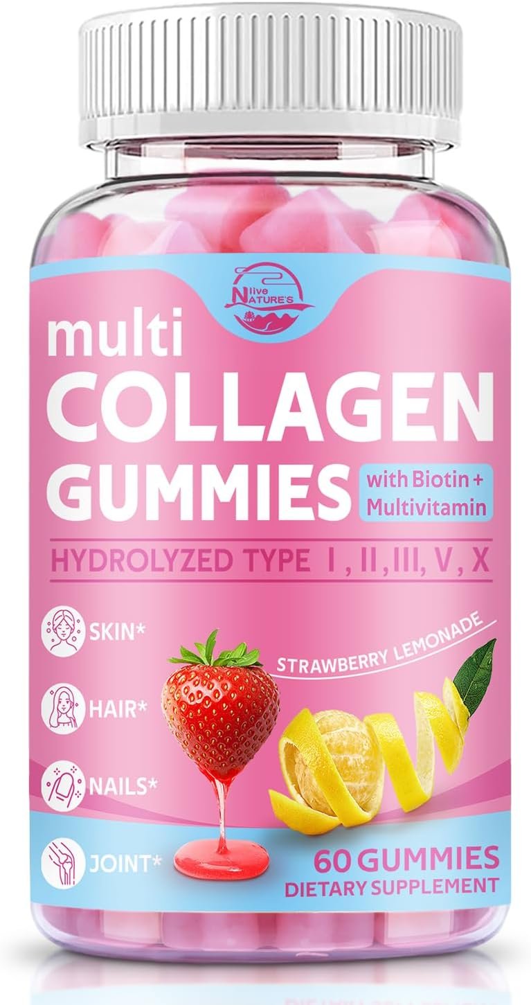 Nature’s live Multi Collagen Peptides Gummies, Type I, II, III, V, X | Hydrolyzed Collagen Peptides with Biotin, Hyaluronic Acid, Supports Healthy Skin, Strong Nails & Thick Hair, 60 Count, 1 Pack