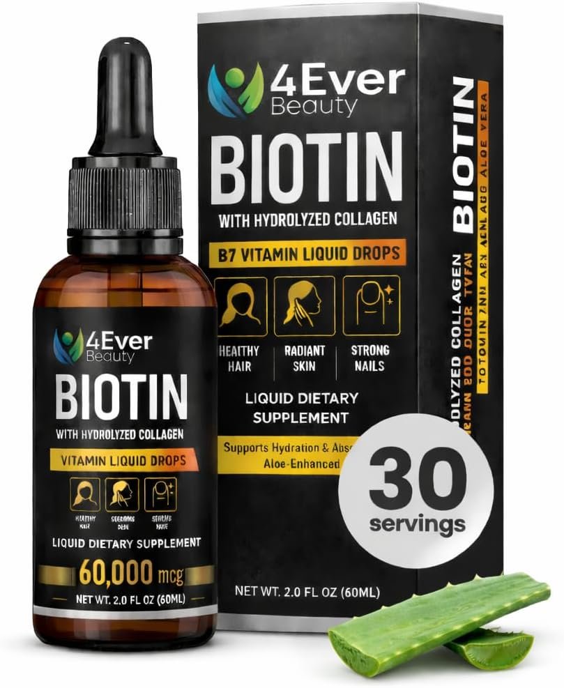 Liquid Biotin & Collagen Drops with Aloe Vera – Unique Formula 60,000 mcg – Vitamins for Hair Growth support, Strong Nails & Radiant Skin – Liquid Collagen Supplement for Women & Men – 2 fl oz