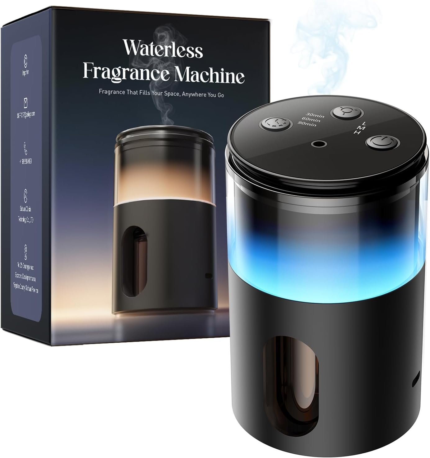 Waterless Essential Oil Diffuser: 𝟗-𝐂𝐨𝐥𝐨𝐫 𝐋𝐄𝐃 for Home | Portable Scent Diffuser – No Water No Heat For Pure Aroma – 48H Battery 3 Mist Levels & 4 Timers for Car Office