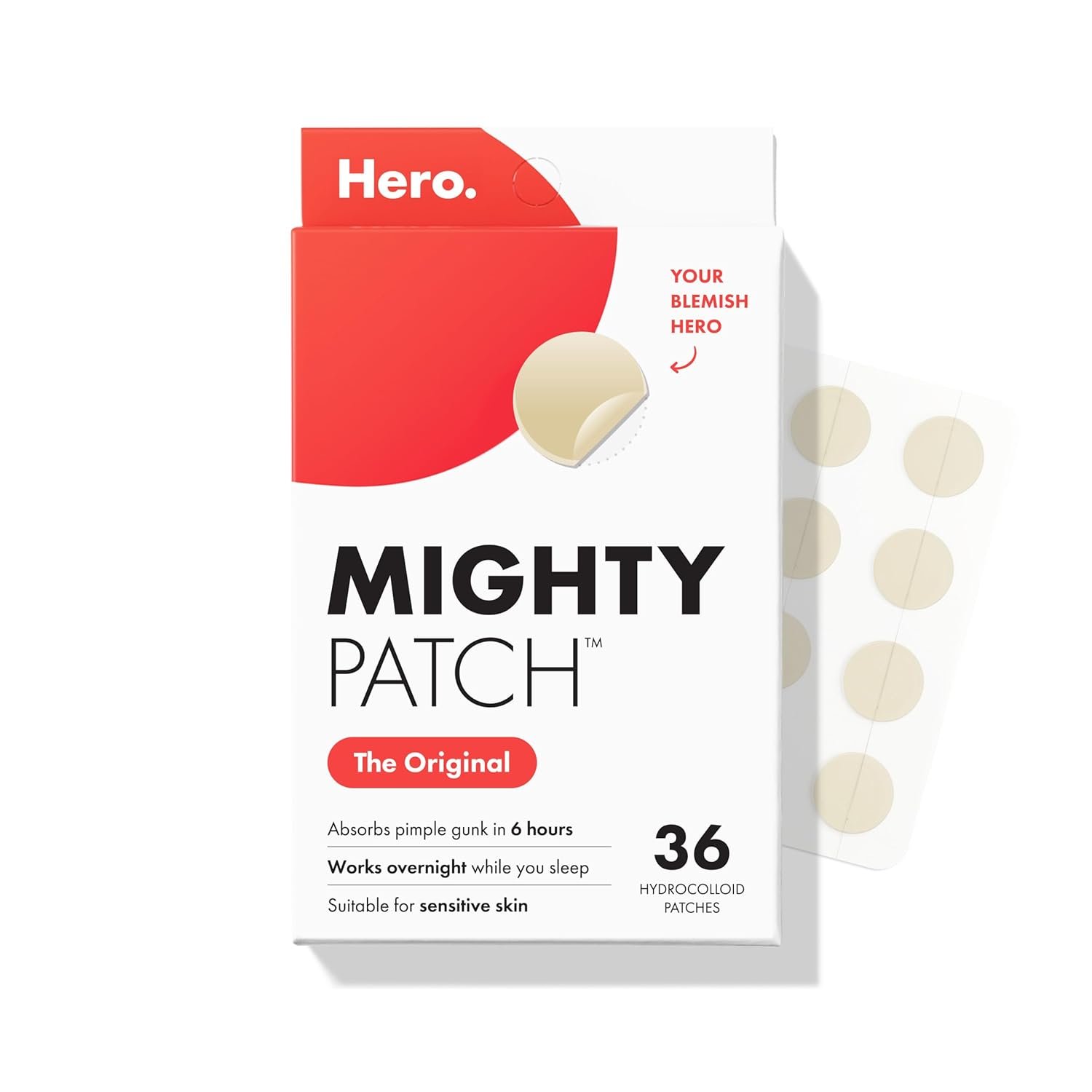 Mighty Patch Hero Cosmetics Original Nighttime Acne Pimple Patches, 36 Ct | #1 Hydrocolloid Acne Patches, Shrinking Zits & Whiteheads in 1 Use, Spot Treatment, Pimple Stickers for Face
