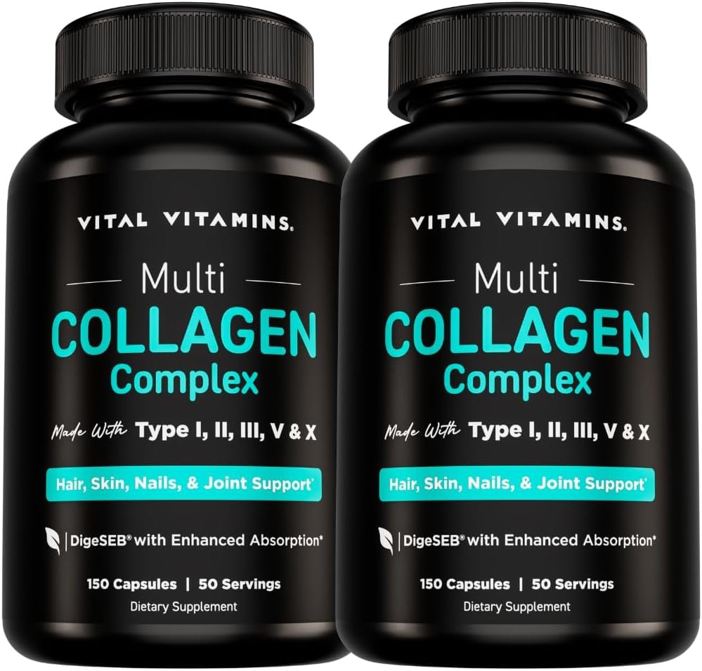 Vital Vitamins Multi Collagen Peptides Complex for Women & Men, 2-Pack | Supports Skin, Hair & Nails, 5 Collagen Types I II III V & X, Grass-Fed Non-GMO Collagen Supplements