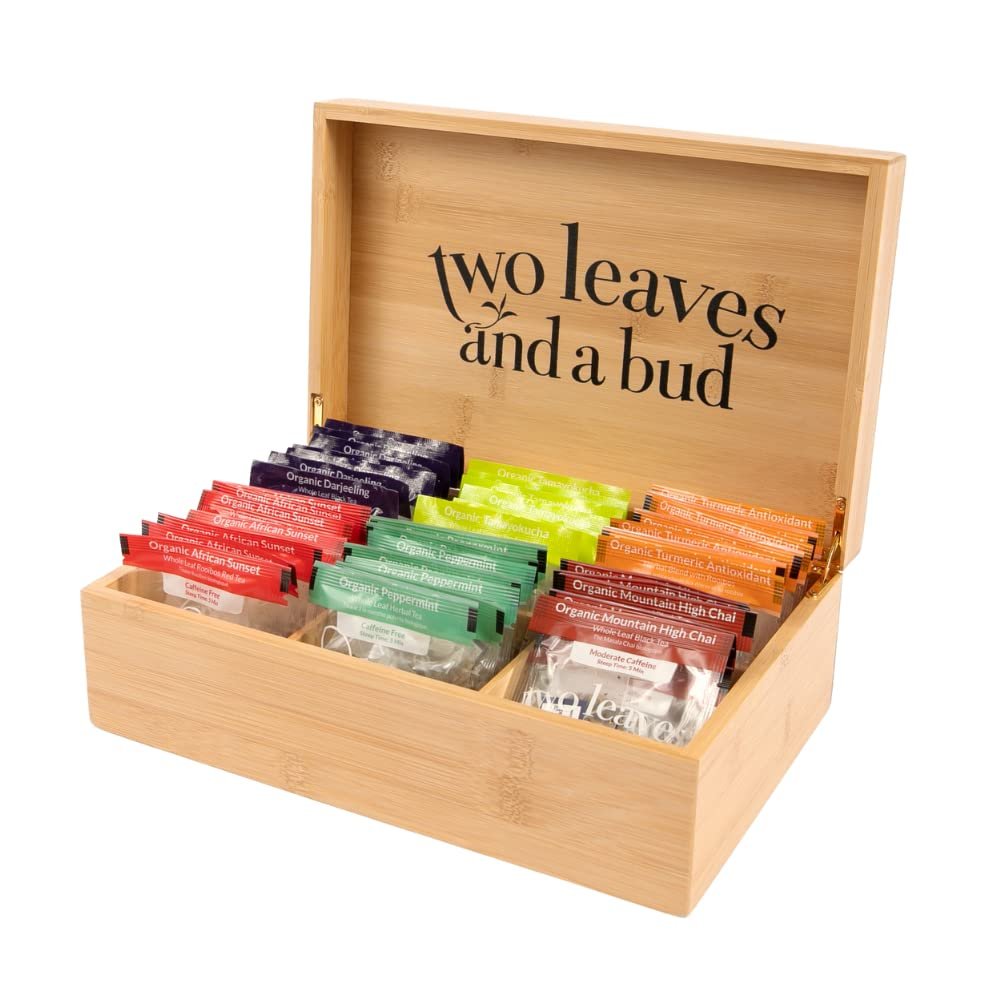Two Leaves and a Bud Organic Tea Sampler in 6-Slot Bamboo Presentation Box | Filled Gift Box with Tea Assortment of Green, Black, and Herbal Teas