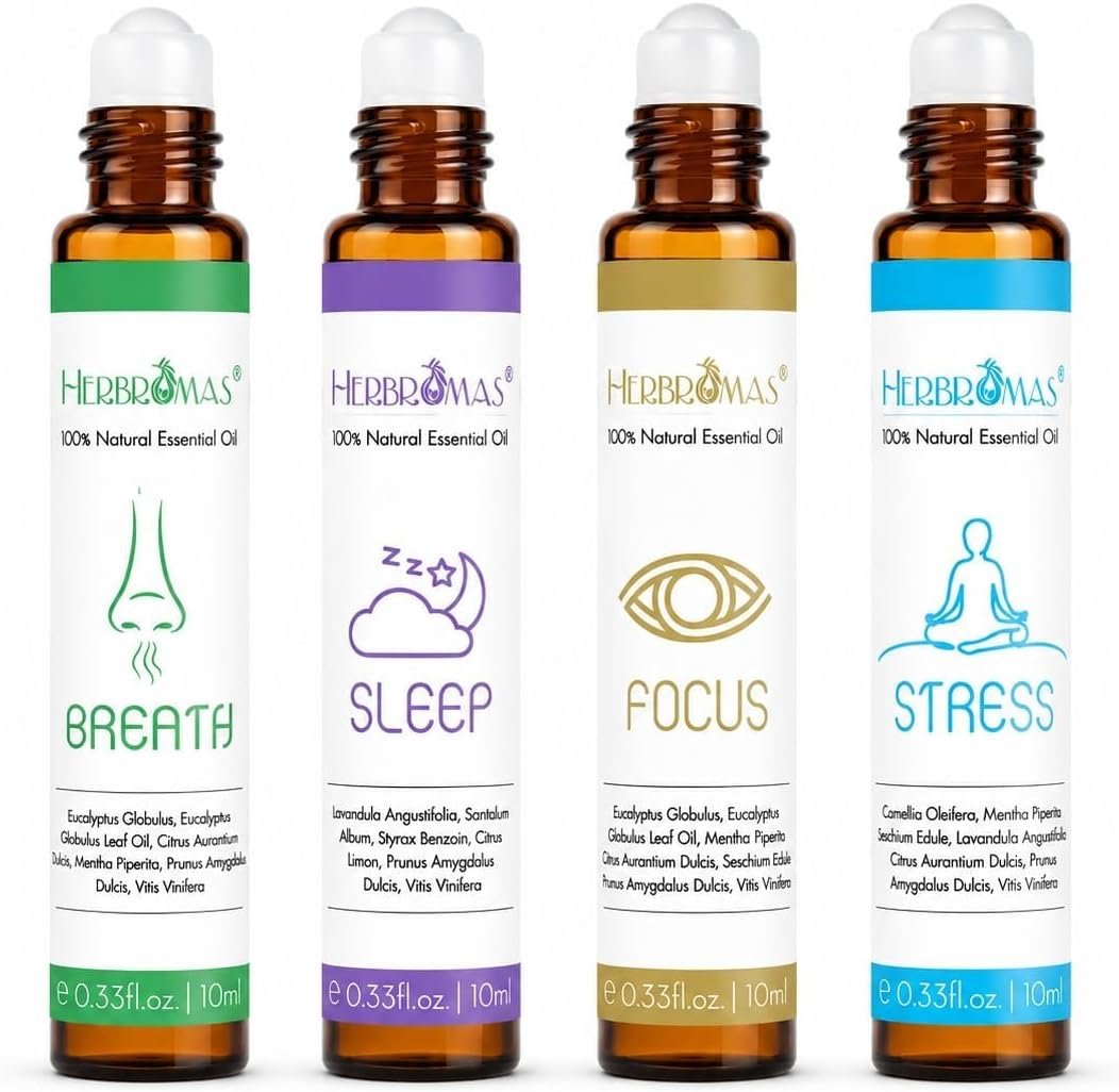 Aromatherapy Oils Roller Set, Natural Pre-diluted Essential Oils Roll On with Glass Rollerball, Relaxation Gift for Women & Men, Christmas Gift, Pack 4 x 0.33fl.oz