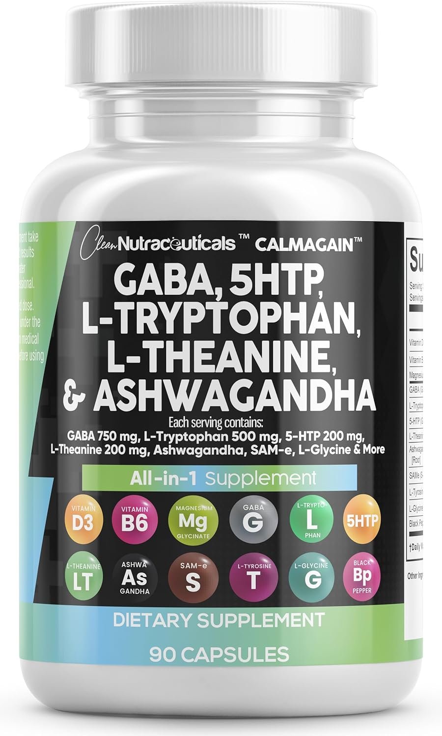 Clean Nutraceuticals GABA 750mg 5 HTP 200mg L Tryptophan 500mg L Theanine 200mg Ashwagandha SAM-e L-Glycine – Mood Support Vitamins for Women and Men with L-Tyrosine 5-HTP (5-Hydroxytryptophan)