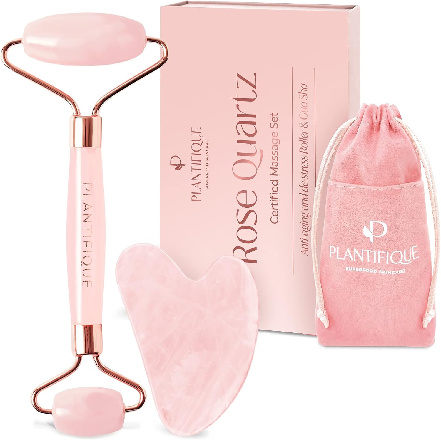 PLANTIFIQUE Rose Quartz Gua Sha & Face Roller Set, Certified Face Massager | Guasha Facial Tool & Roller for Lymphatic Drainage & Face Sculpting – Reduce Puffiness & Relieve Tension – Skin Care Gifts