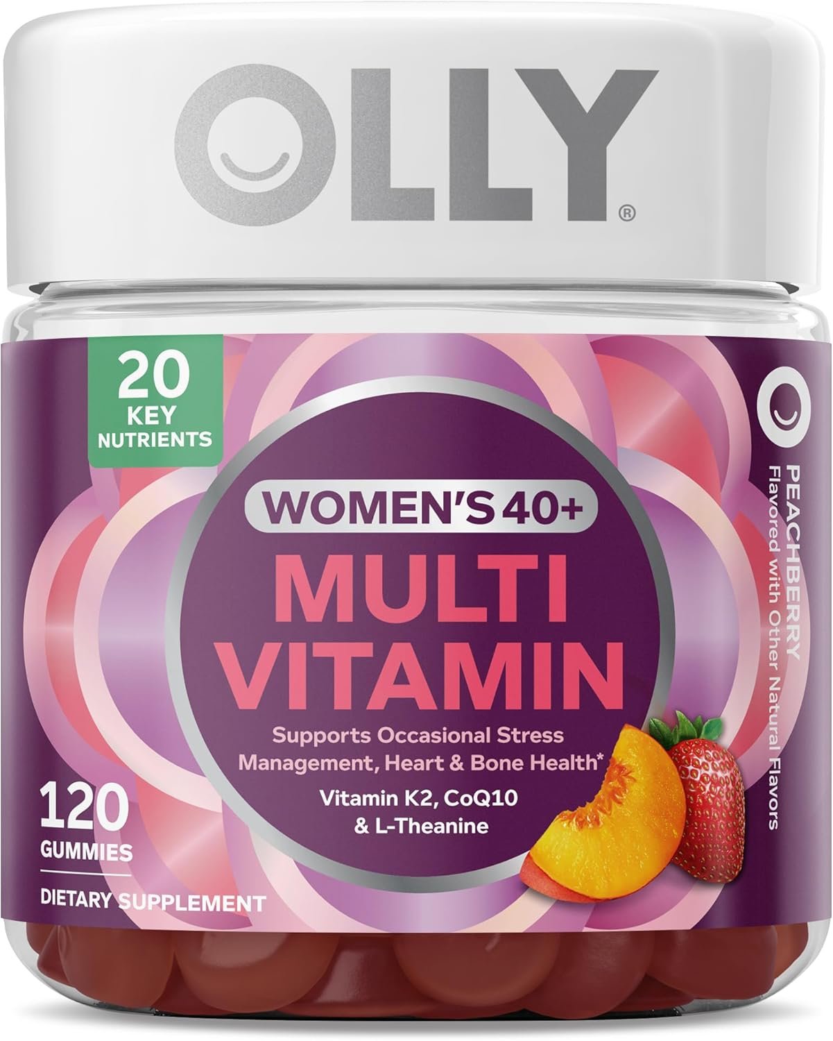 OLLY Women’s 40+ Multi Gummies, 20 Key Nutrients Plus Vitamin K2, CoQ10, L-Theanine, Chewable Gummy Supplement, Peach Berry Flavored, 45 Day Supply – 120 Count