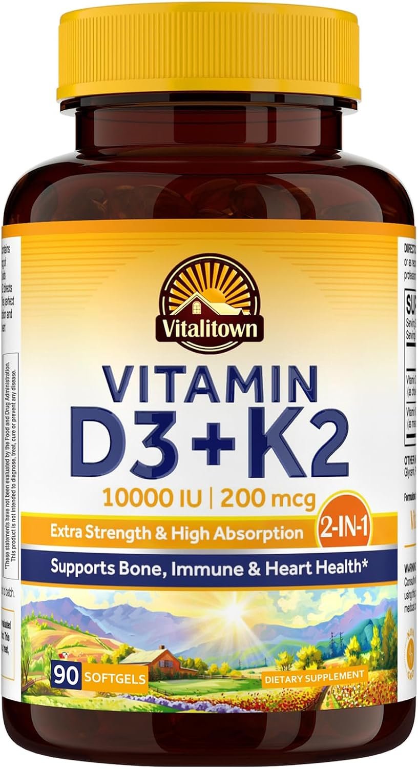 Vitalitown Vitamin D3 K2, D3 10000 IU, K2 (MK7) 200mcg, 90 Softgels | Non-GMO, No Gluten & Soy, for Bone, Teeth, Immune & Heart Health