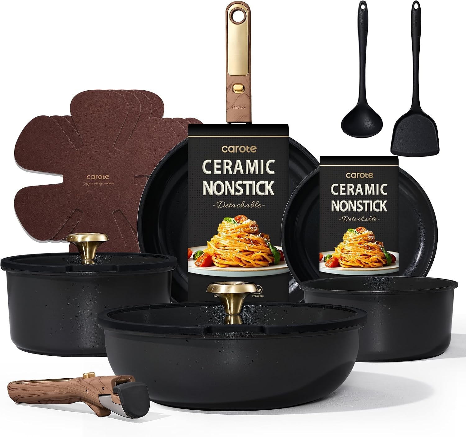 CAROTE 15pcs Ceramic Cookware Set, Pots and Pans Set with Detachable Handle | Non-Stick, Non-Toxic, PFAS and PFOA Free, Induction Compatible, Dishwasher & Oven Safe, Space Saving, Camping Cooking, Black