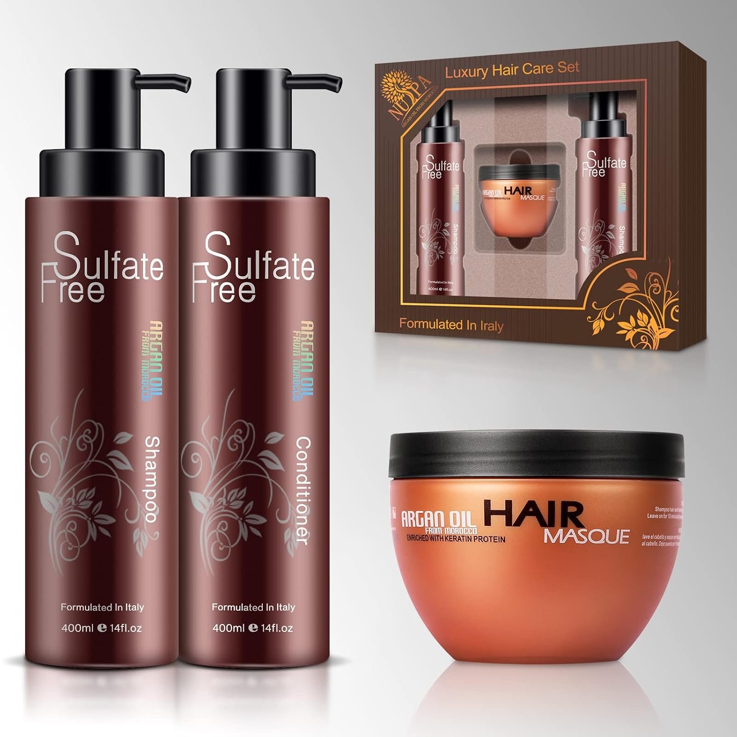 Nuspa Moroccan Argan Oil Hair Care Set – Sulfate Free for Damaged, Dry, Frizzy, Color Safe, Keratin Treated Hair with Long Lasting Shine