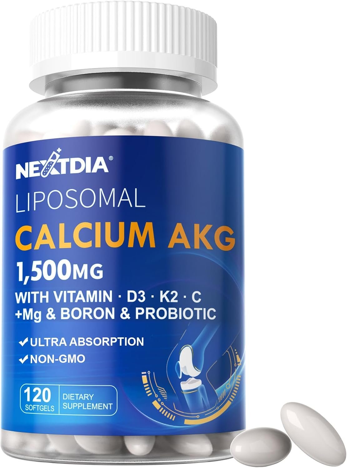 Liposomal Calcium AKG Supplement 1500mg with Vitamin D3 K2 for Women Men | High Absorption, Calcium Supplements Pills with Magnesium Glycinate, Boron, Probiotics & Vitamin C for Bone – 120 Softgels