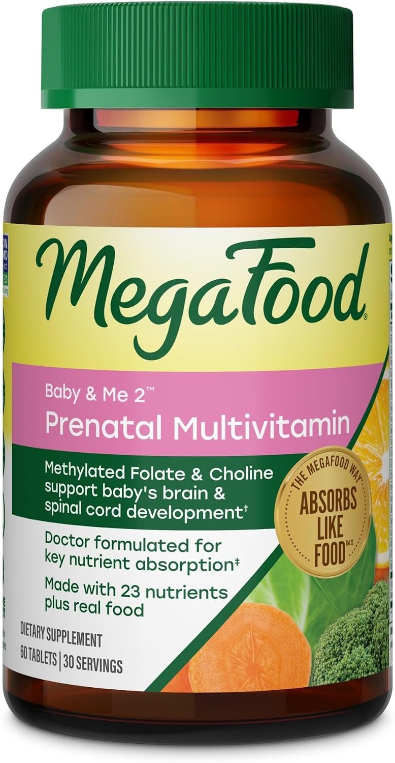 MegaFood Baby & Me 2 Prenatal Vitamins, Doctor Formulated, 60 Tablets | Prenatal Vitamins for Women with Methylfolate, Choline, Iron, Iodine, Vitamin C & D3, Non-GMO, Vegetarian, 30 Servings