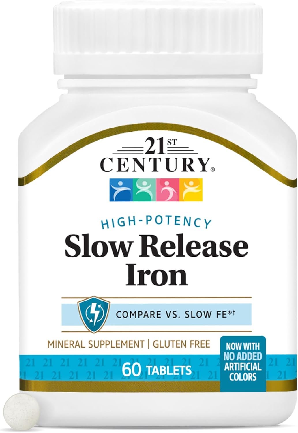 21st Century Slow Release Iron 45mg Tablets, Gentle on Stomach, 60 Count | High-Potency Ferrous Sulfate, Compare VS. Slow FE® & Healthy Red Blood Cells, Gluten Free, No Added Yeast, For Women & Men