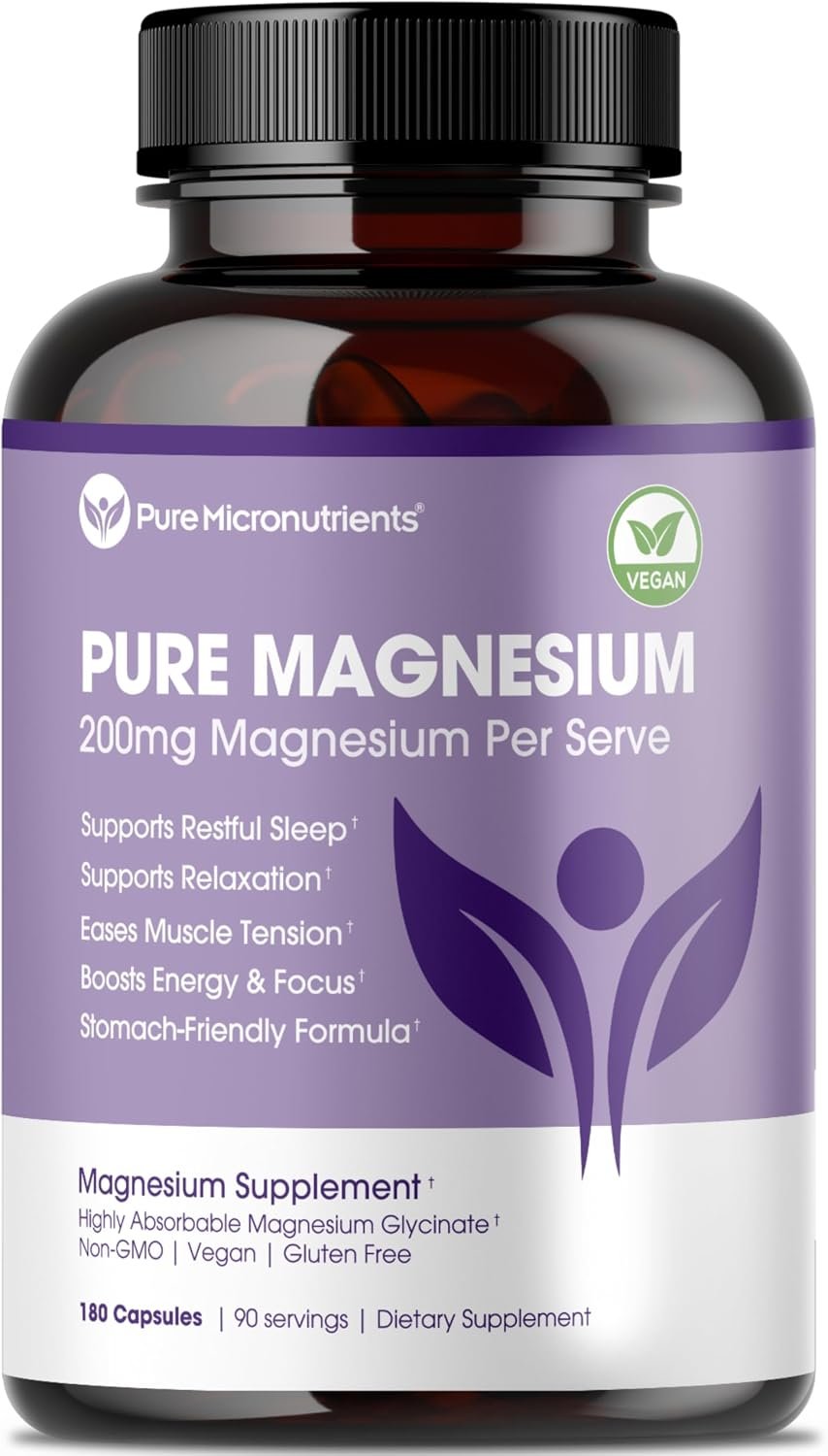 Pure Magnesium Glycinate Supplement – Highly Absorbable Chelated Magnesium to Support Sleep, Muscle & Nerve Health, Energy, Relaxation & Bone Health – 200mg Per Serving, 180 Capsules | Highly absorbable chelated magnesium supports nerve health, energy, relaxation & bone health
