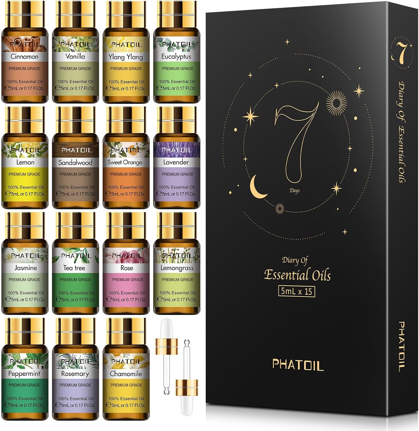 PHATOIL Essential Oil Gift Set for Diffuser, Skin Care, Massage, 15 x 5ml | 100% Natural and Pure, Aromatherapy, Mood Relaxation, Home, DIY Air Fresher, Candle & Soap Making