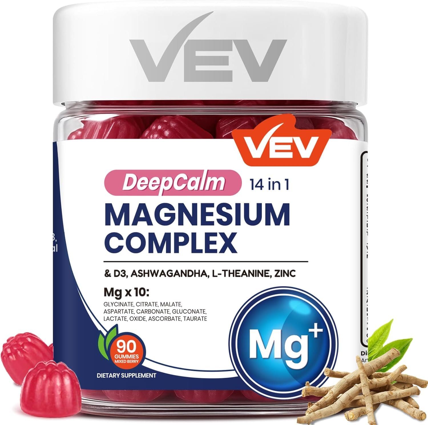 VEV Deep Calm Magnesium Complex 14-in-1 Glycinate Gummies for Women and Men | Sleep, with D3, Ashwagandha, L-theanine, Zinc – No Added Sugar Vegan Gummies –90 Count (Pack of 1)