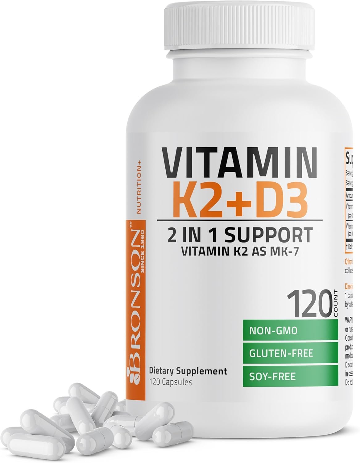 Bronson Vitamin K2 D3 (MK7) Supplement 2-in1 D3 & K2 Complex, 120 Capsules | Bone, Immune & Heart Health Support, Gluten Free, Soy Free, Non-GMO, Vitamin D3 5000IU (125 mcg) & 90 mcg K2 MK-7