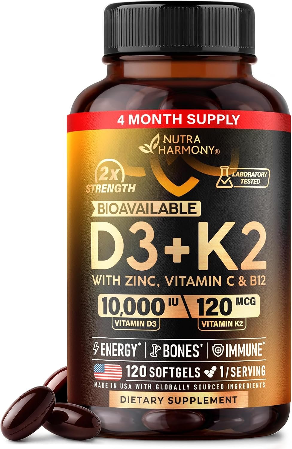 Vitamin D3 K2 – D3 10000iu & K2 120mcg – Highly Bioavailable – 120Softgels | Vitamin D3K2 + Zinc, Vitamin C & B12 – Immune & Mood Support, for Bone & Teeth Health For Men & Women – 120-Day Supply