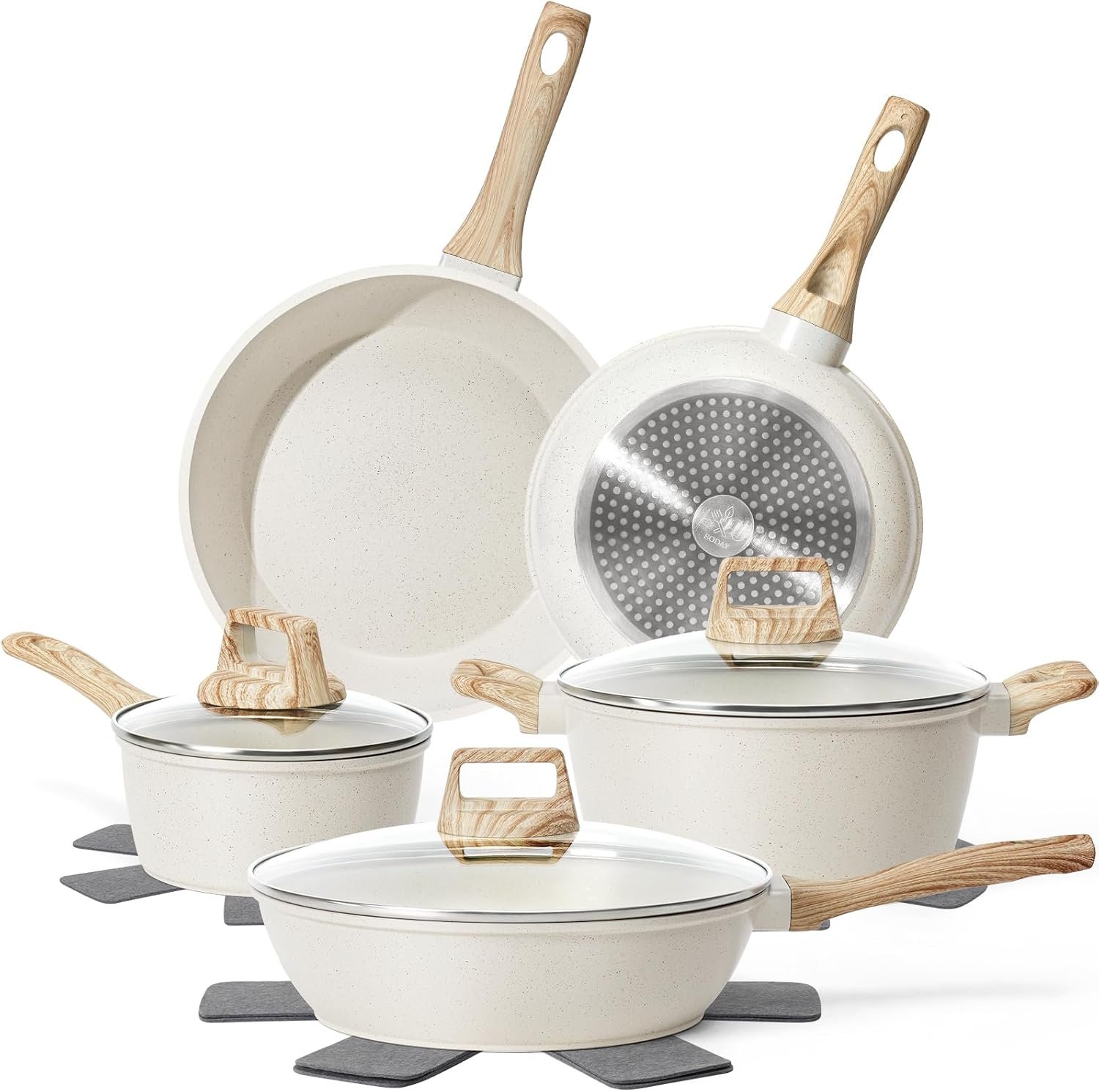 SODAY Pots and Pans Set Non Stick, 12Pcs White Granite Induction Cookware | PFAS/PFOA/PFOS Free, Healthy Nonstick Kitchen Cookware Sets, Includes Fry Pans & Saucepans.