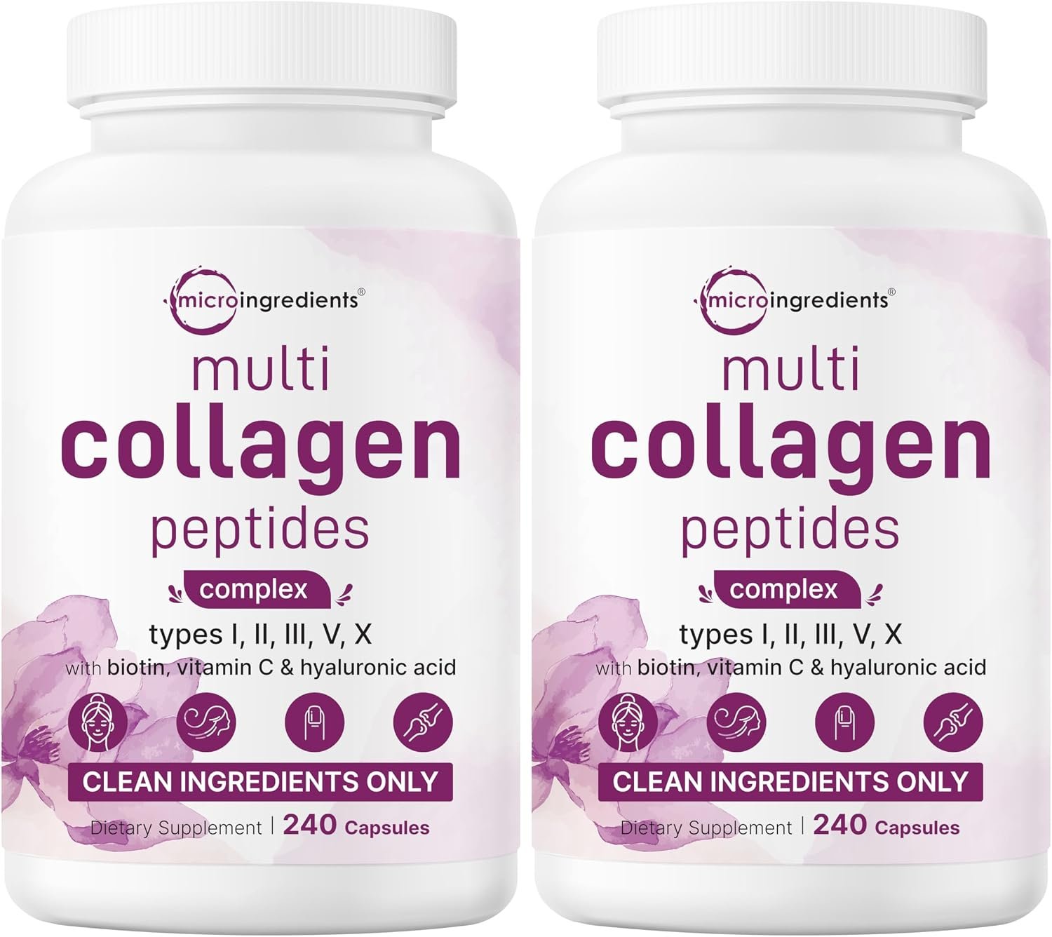 Micro Ingredients 2 Pack Multi Collagen Pills for Women & Men, 480 Capsules | Type I, II, III, V, X | Hydrolyzed Protein Peptides with Biotin, Hyaluronic Acid, & Vitamin C | Keto & Paleo Friendly