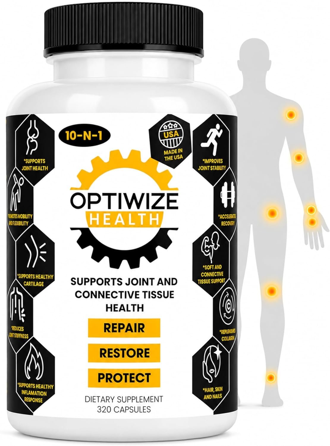 OptiWize 10-in-1 Joint Support Supplement, 320 Capsules | Glucosamine, Chondroitin, MSM, Type II Collagen, Hyaluronic Acid, Green Lipped Mussel & Omega-3, Mobility & Flexibility