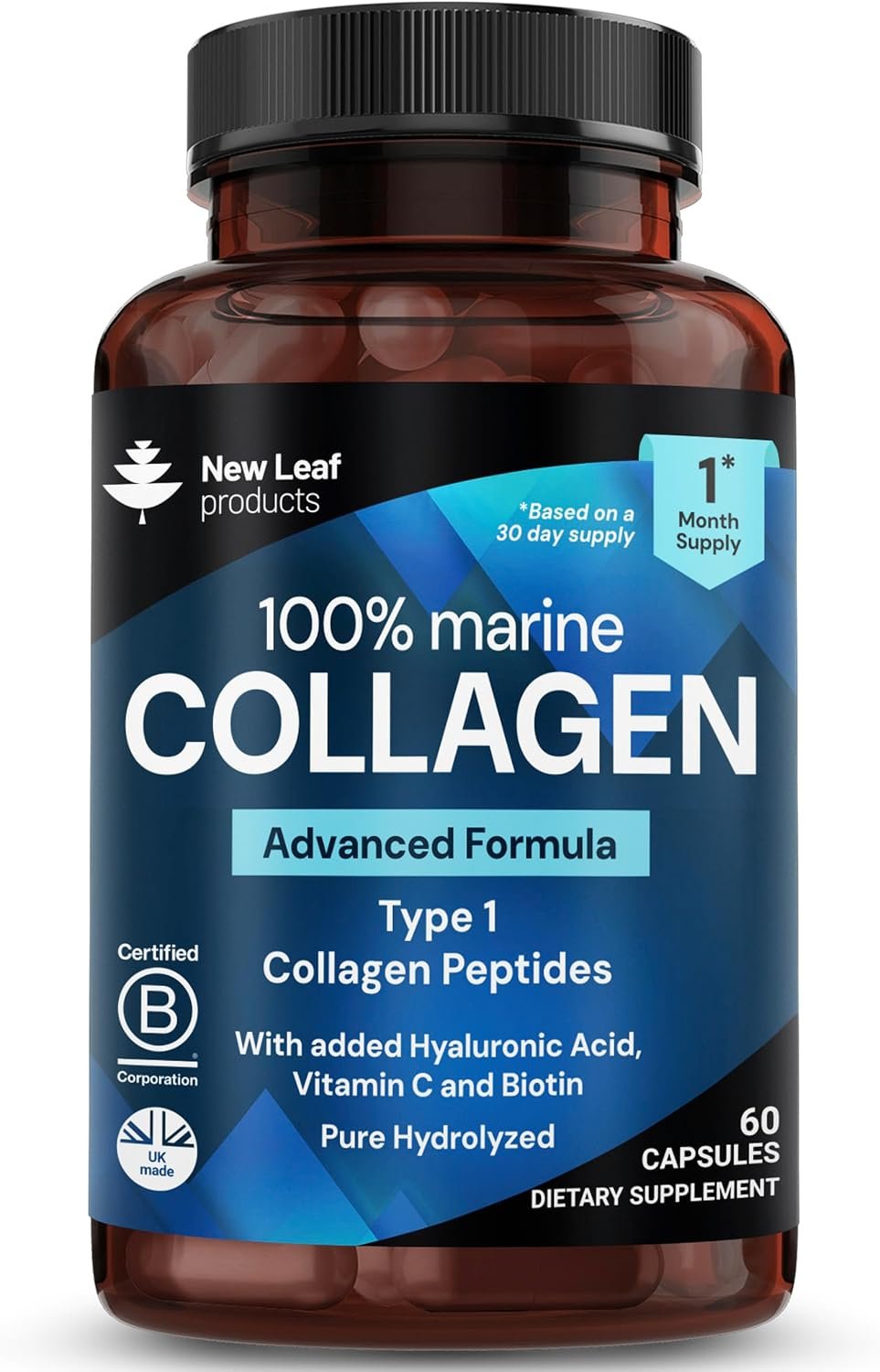 Pure Marine Collagen Supplements for Women & Men – with Hyaluronic Acid, Vitamin C & Biotin – Collagen Peptides Hydrolyzed Collagen for Hair Skin & Nails – 60 Capsules by New Leaf UK Made