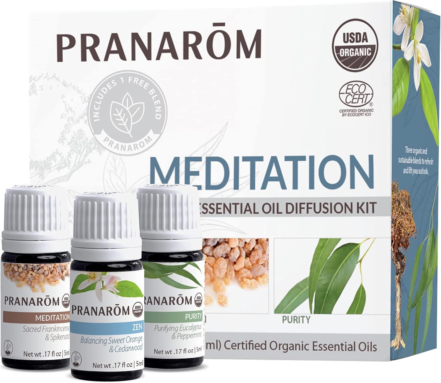 Pranarom Meditation Diffusion Essential Oil Kit 3 x 5 ml | A relaxing trio of diffuser blends chosen for meditation, calm focus and purified air. USDA & ECOCERT Certified Organic.