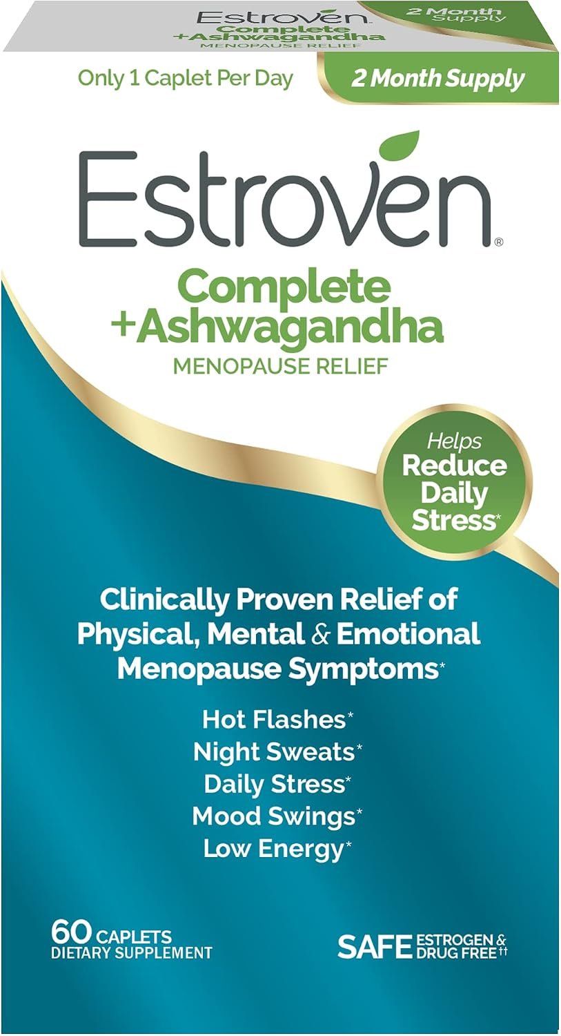 Estroven Complete + Ashwagandha Menopause Supplement for Women, 60 Count | Multi-Symptom Relief, Hot Flash & Night Sweats*, Perimenopause, Hormone-free, Drug-free Rhapontic Rhubarb, 1 Caplet Daily