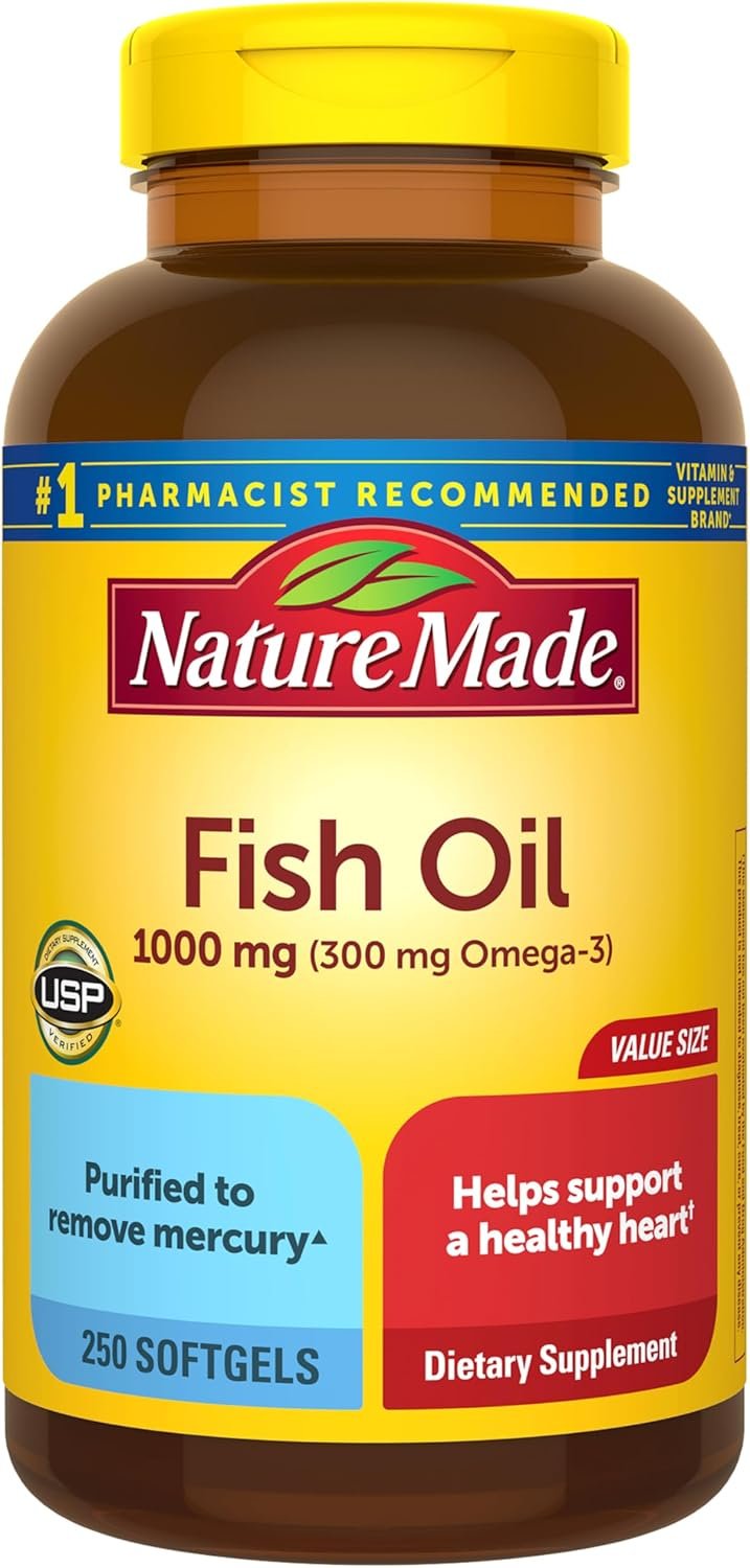 Nature Made Fish Oil Omega 3 Supplements, 1000mg Softgels, 250 Softgels | Omega 3 Fish Oil for Healthy Heart Support, Gluten Free, Dairy Free, 125 Day Supply