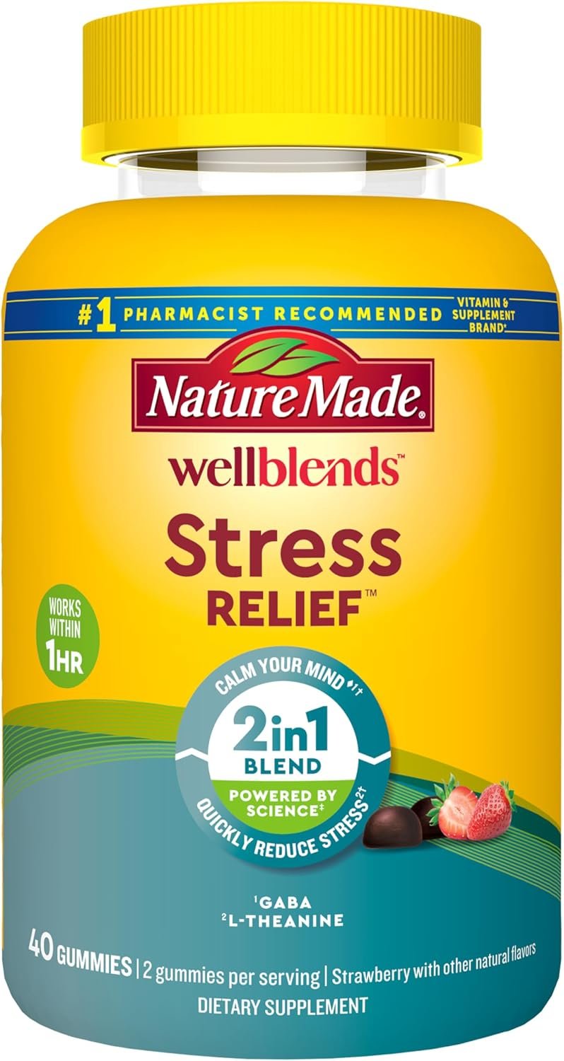 Nature Made Wellblends Stress Relief Gummies, 40 Strawberry Flavor Gummies | L theanine 200mg to Help Reduce Stress, with GABA 100mg, Same Day Stress Support